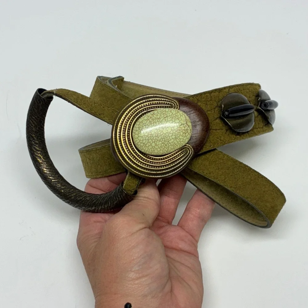 Vintage 90s Moss Green Leather Waist Belt Sculptural Faux Stone Ring Closure